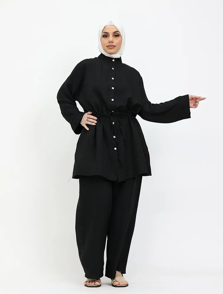 Black Linen Feel Drawstring Co Ord Set